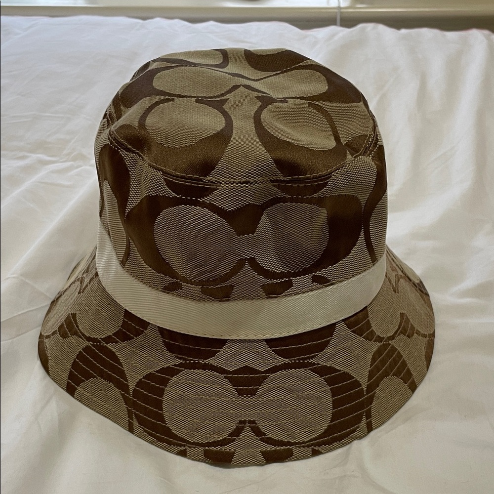 Coach Brown and Tan Bucket Hat white trim